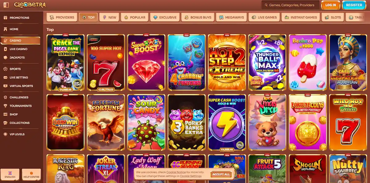 Cleobetra Casino Australia lobby with pokies, top games and provider filters