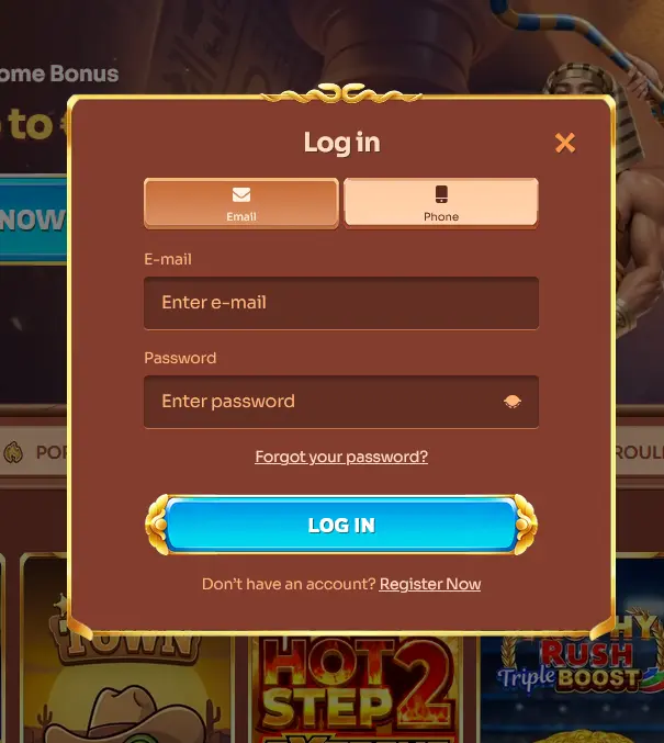 Cleobetra login screen for signing in to your casino account